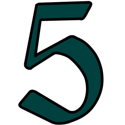 a gothic-style teal-coloured arabic numeral 5.